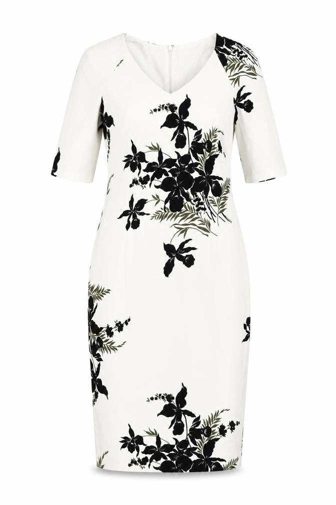 Marks & Spencer Womens White Floral Polyester Pencil Dress Size 10 V-Neck Zip