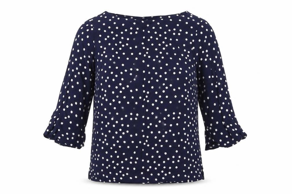 Mauvette Womens Blue Polka Dot Viscose Basic T-Shirt Size 10 Boat Neck