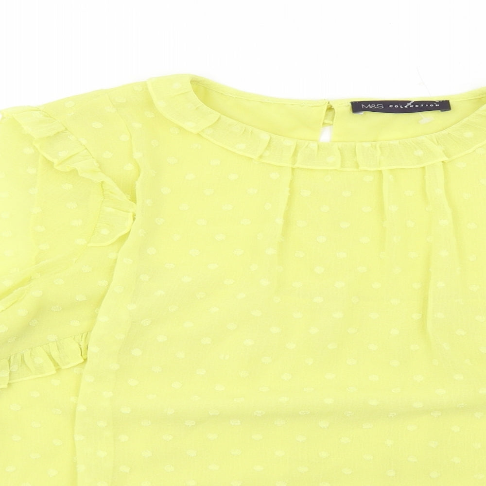 Marks and Spencer Womens Yellow Polyester Basic Blouse Size 10 Round Neck - Ruffle