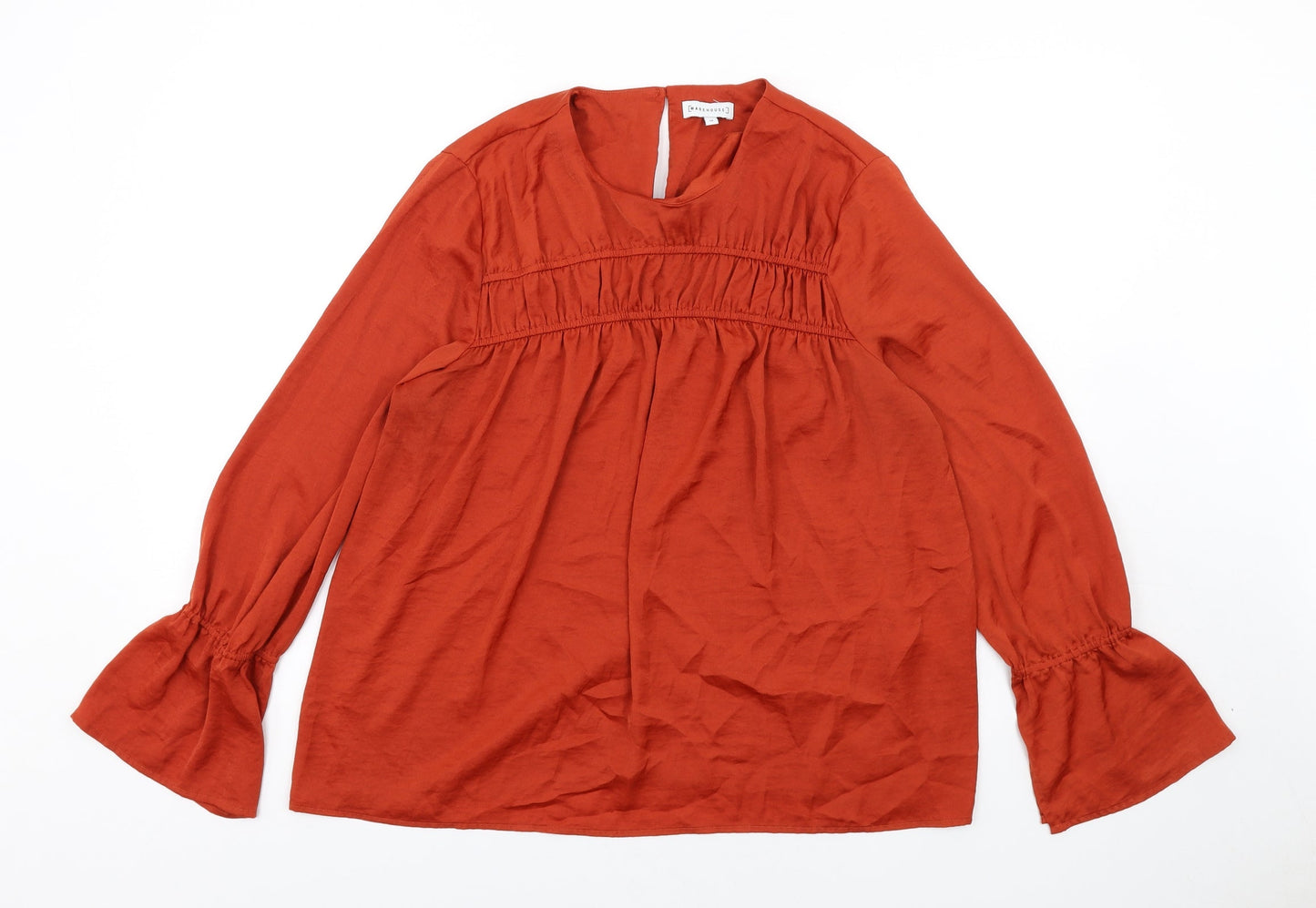 Warehouse Womens Orange Polyester Basic Blouse Size 14 Round Neck - Ruched Front