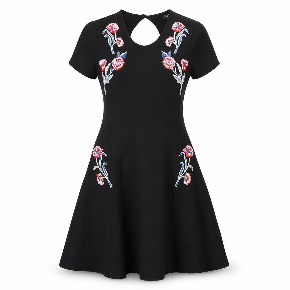 Fallen Star Womens Black Polyester A-Line Size 10 Round Neck Zip - Floral Embroidery