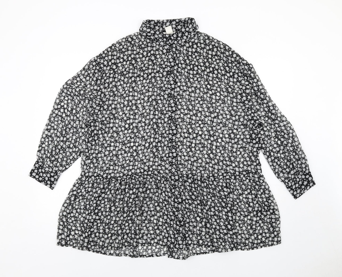 H&M Womens Black Geometric Polyester Basic Button-Up Size 8 Collared
