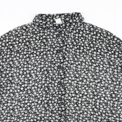 H&M Womens Black Geometric Polyester Basic Button-Up Size 8 Collared