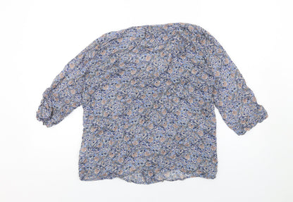 Back view of EDC women’s blue geometric viscose basic t-shirt, size S, scoop neck