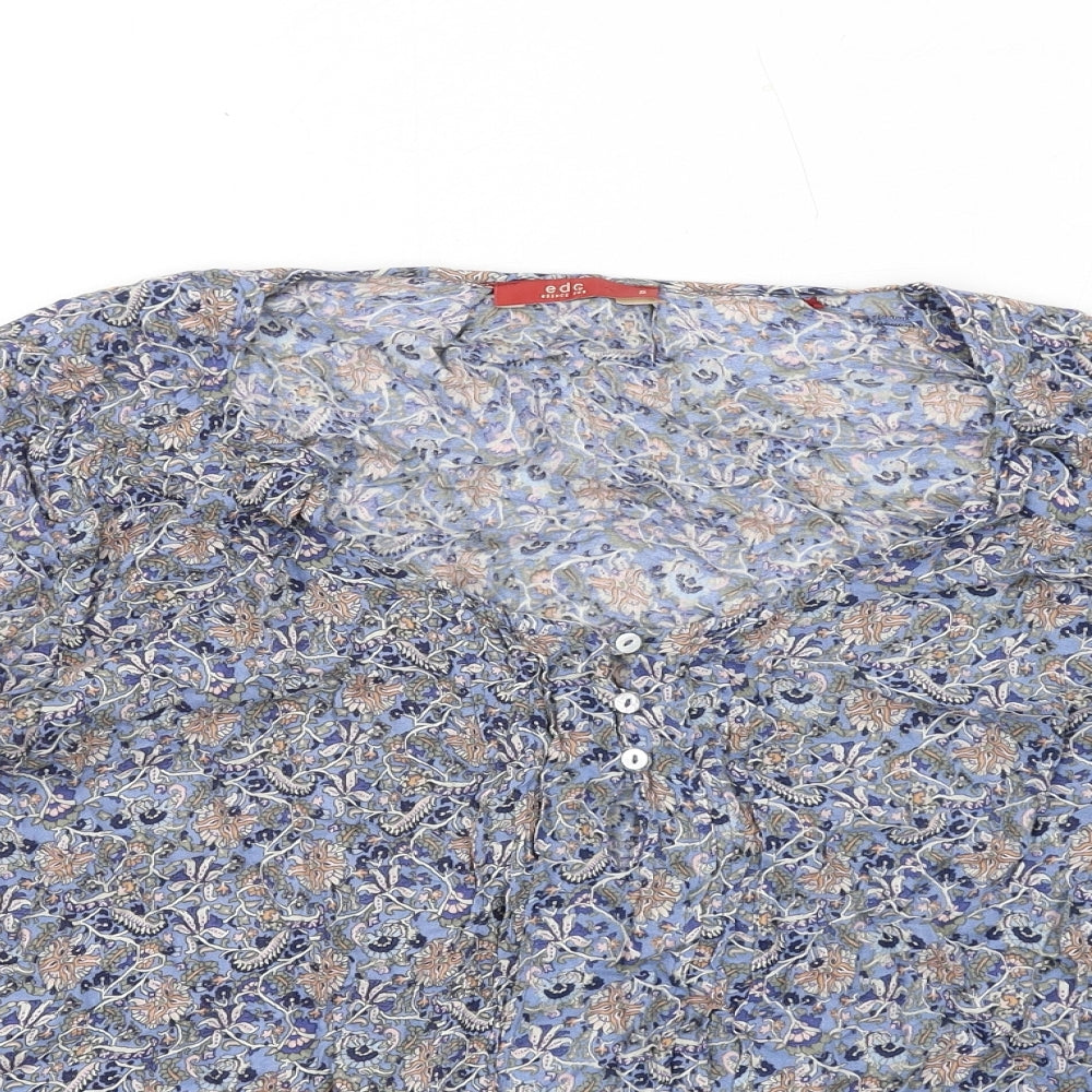 EDC Womens Blue Geometric Viscose Basic T-Shirt Size S Scoop Neck