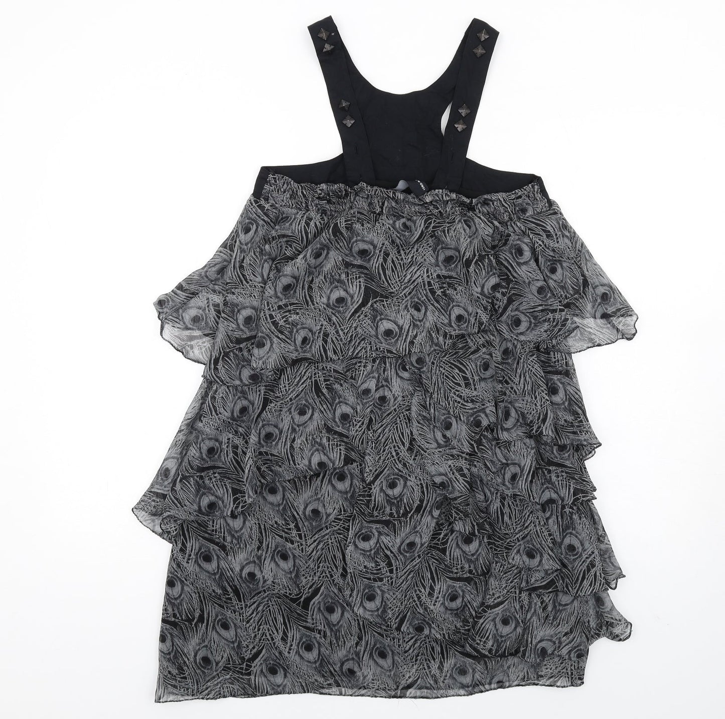 VERO MODA Womens Grey Animal Print Polyester A-Line Size S Scoop Neck Button - Peacock Feather Print