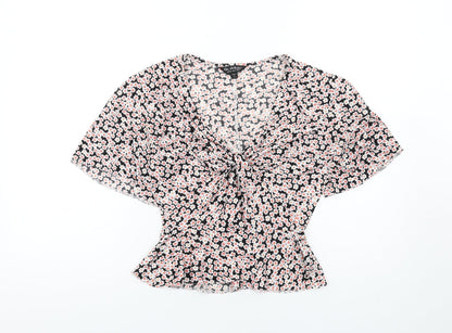 Additional front view of Miss Selfridge women’s multicoloured floral polyester basic t-shirt, size UK 8, v-neck - twist front