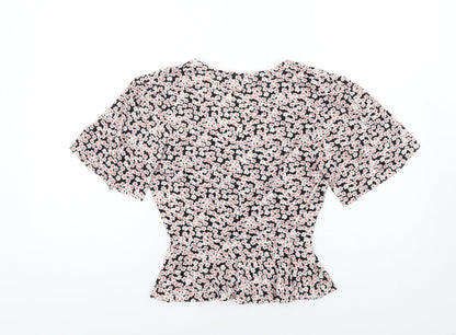 Back view of Miss Selfridge women’s multicoloured floral polyester basic t-shirt, size UK 8, v-neck - twist front
