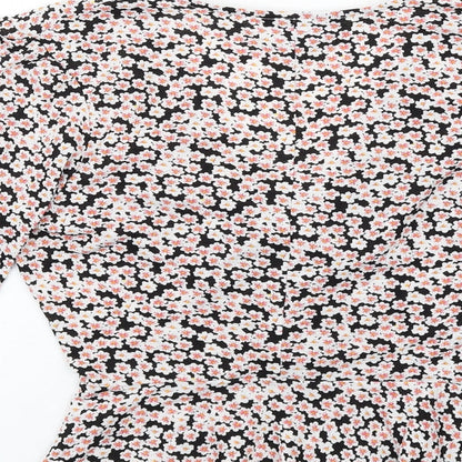 Brand and care label for Miss Selfridge women’s multicoloured floral polyester basic t-shirt, size UK 8, v-neck - twist front