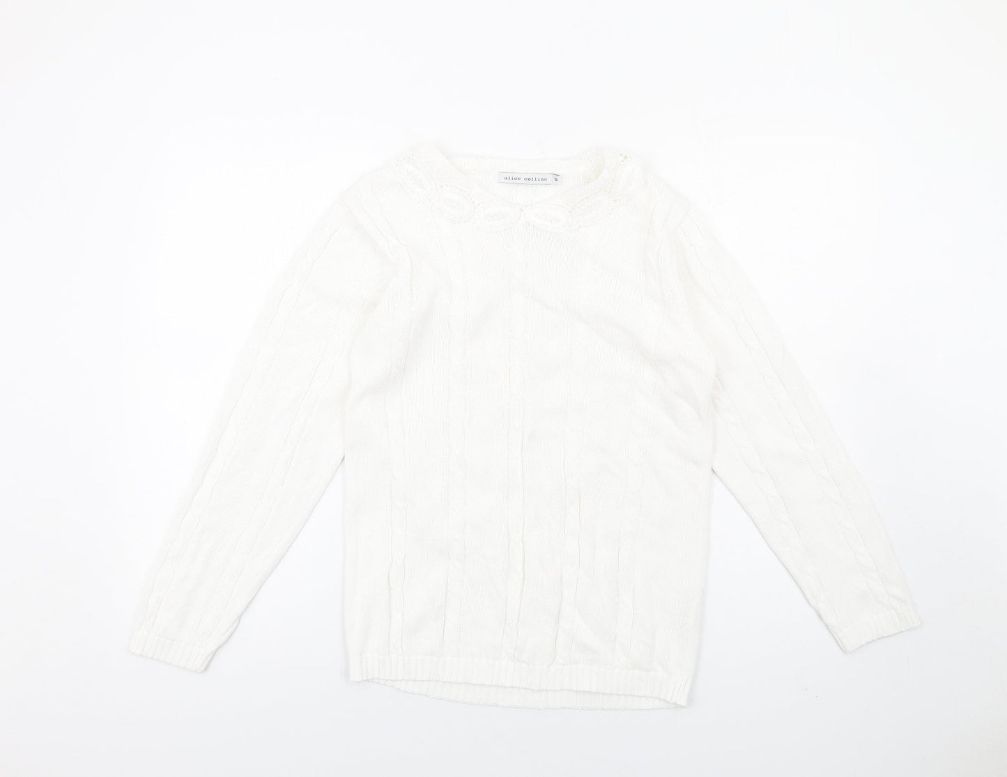 Alice Collins Womens White Crew Neck Cotton Pullover Jumper Size S