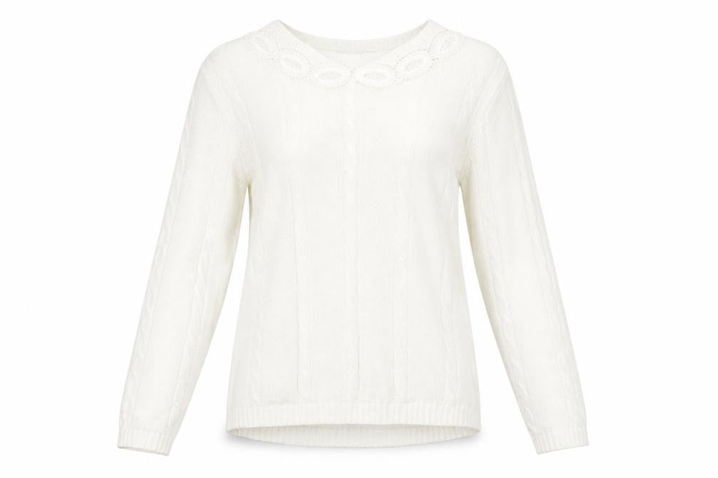 Alice Collins Womens White Crew Neck Cotton Pullover Jumper Size S