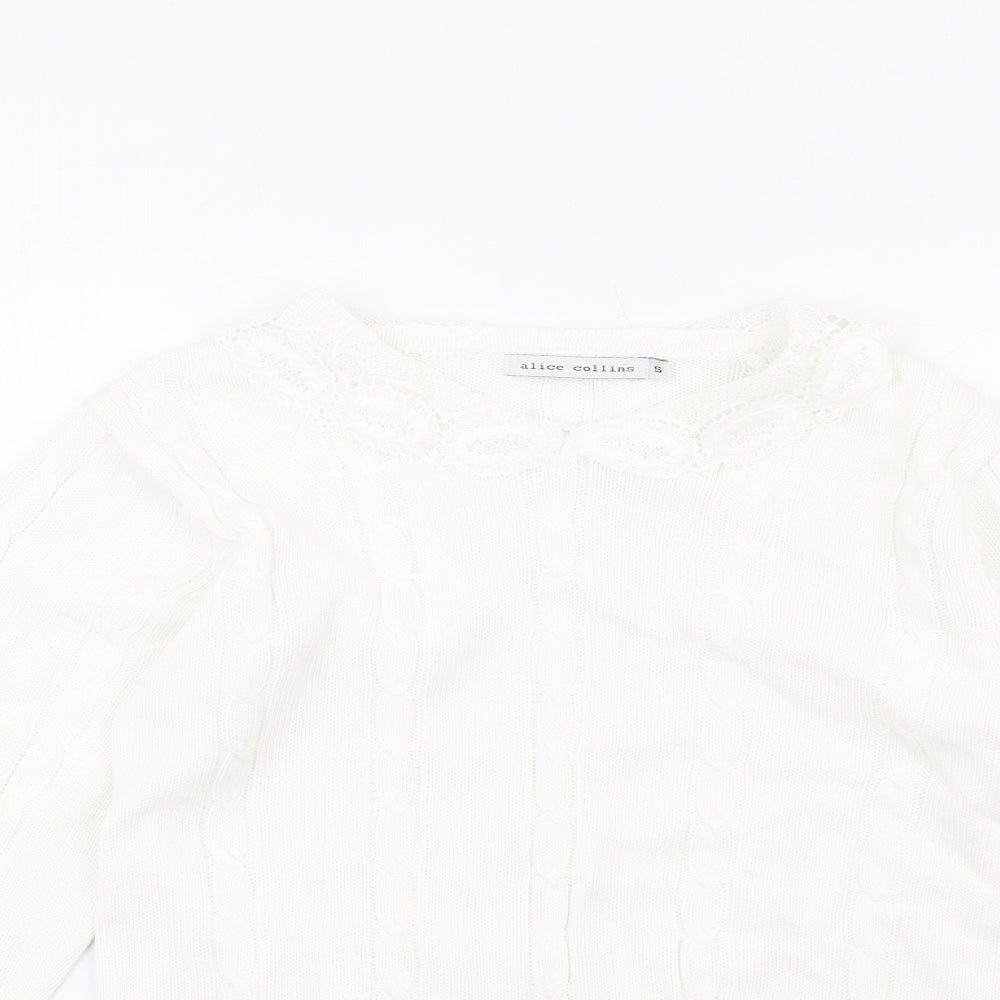 Alice Collins Womens White Crew Neck Cotton Pullover Jumper Size S