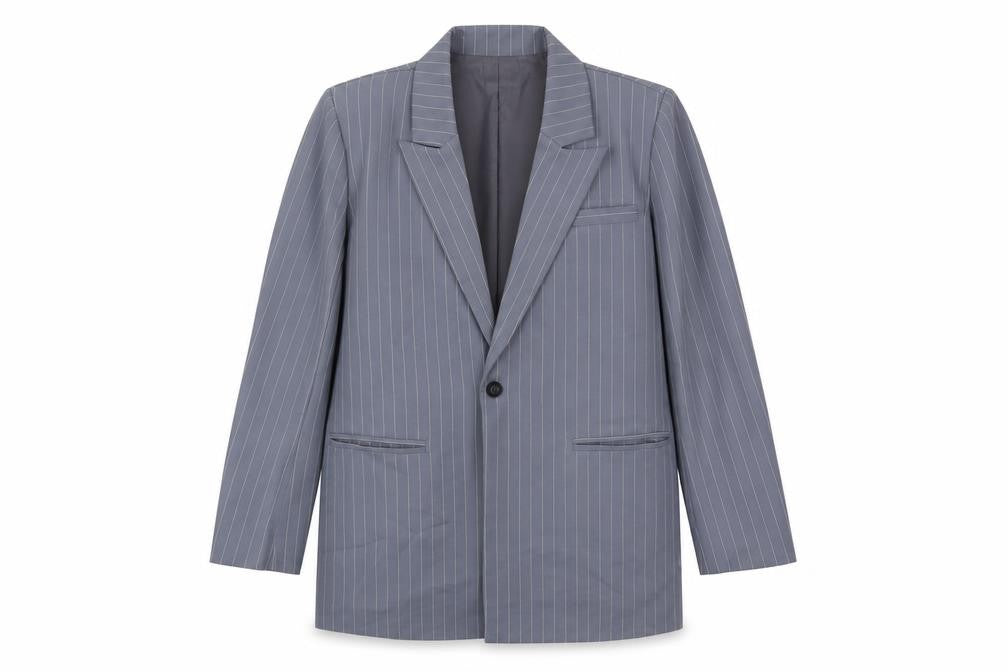 PRETTYLITTLETHING Womens Grey Striped Jacket Blazer Size 6 Button - Longline