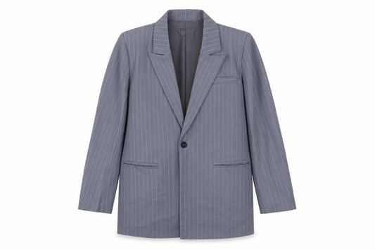 PRETTYLITTLETHING Womens Grey Striped Jacket Blazer Size 6 Button - Longline