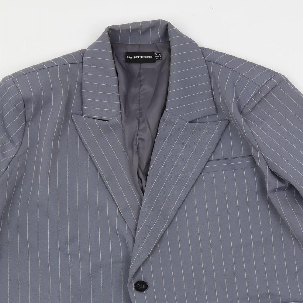 PRETTYLITTLETHING Womens Grey Striped Jacket Blazer Size 6 Button - Longline
