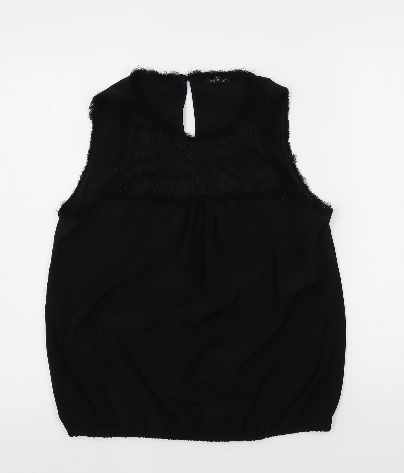 River Island Womens Black Polyester Basic Blouse Size 12 Round Neck - Lace Detail