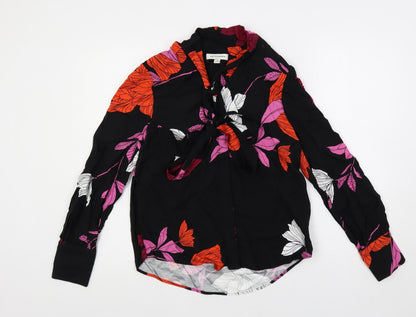 Additional front view of Autograph women’s black floral viscose basic button-up, size UK 8, v-neck - tie neck