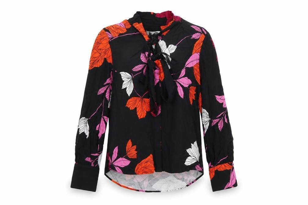 Autograph Womens Black Floral Viscose Basic Button-Up Size 8 V-Neck - Tie Neck