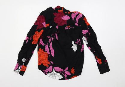 Back view of Autograph women’s black floral viscose basic button-up, size UK 8, v-neck - tie neck