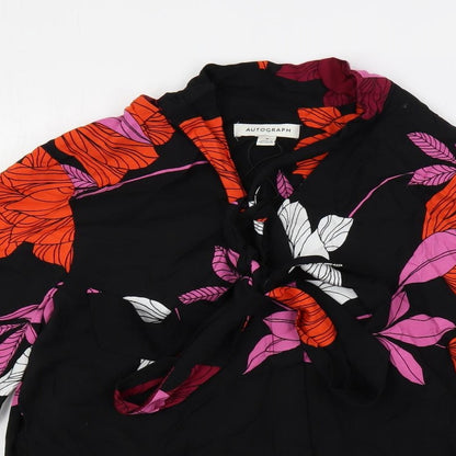 Close-up detail of Autograph women’s black floral viscose basic button-up, size UK 8, v-neck - tie neck