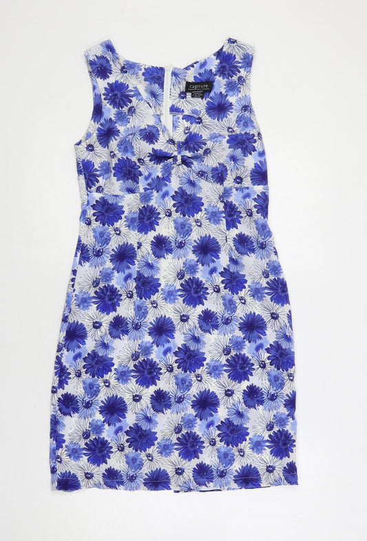 Capture Womens Blue Floral Polyester Tank Dress Size 10 V-Neck Zip