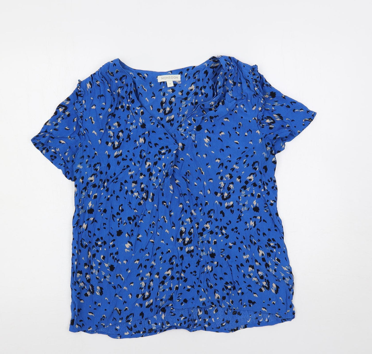 Monsoon Womens Blue Animal Print Viscose Basic Blouse Size M V-Neck
