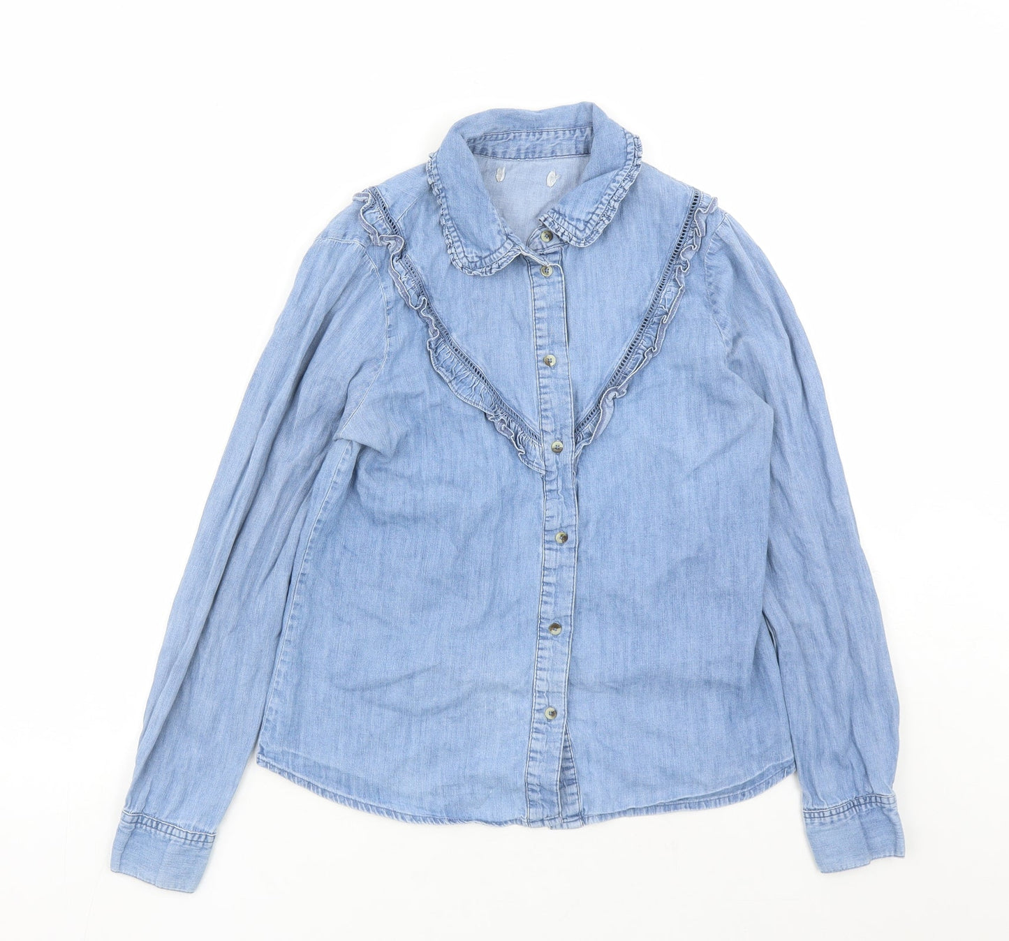 Red Herring Womens Blue Cotton Basic Button-Up Size 12 Collared - Ruffles