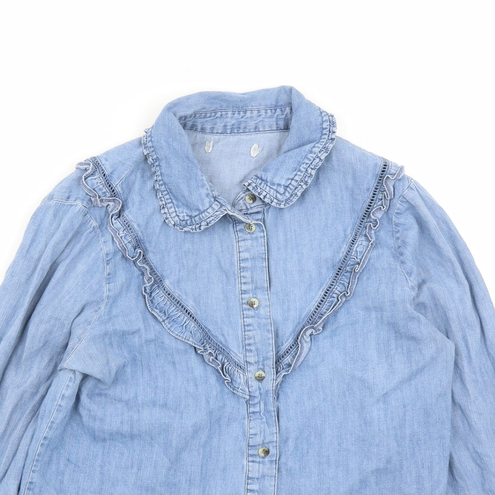 Red Herring Womens Blue Cotton Basic Button-Up Size 12 Collared - Ruffles