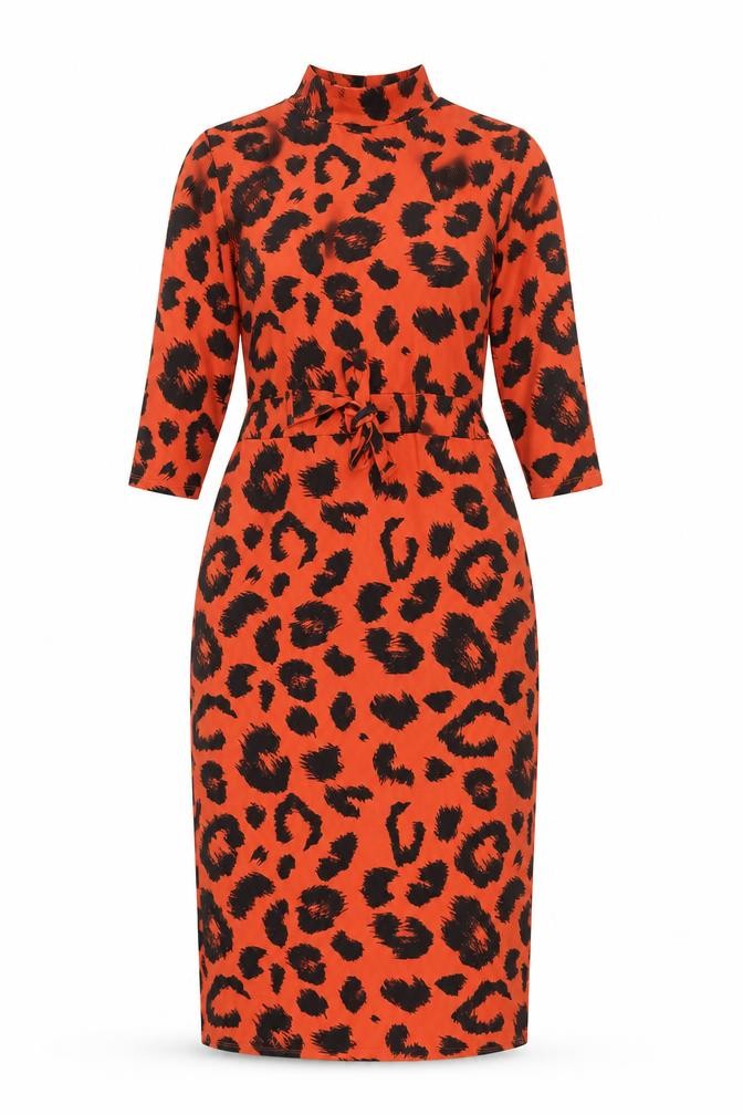 V By Very Womens Red Animal Print Polyester Pencil Dress Size 8 Mock Neck Pullover - Leopard Pattern