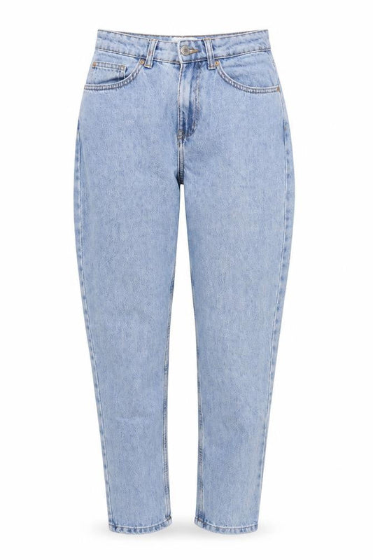 Front view of Denim & Co. women’s blue cotton mom jeans, size UK 8, 29-inch leg regular zip
