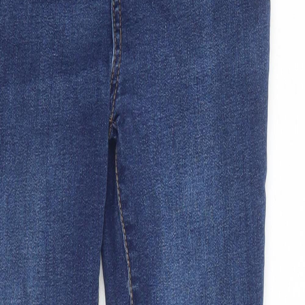 Close-up detail of Denim & Co. girls’ blue cotton skinny jeans, size 12-13, years regular zip - elasticated waist