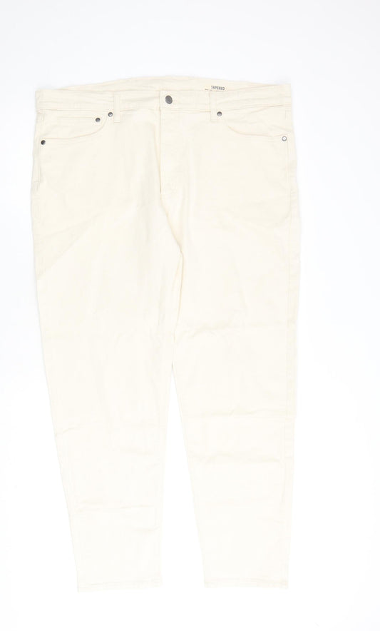 Marks and Spencer Mens Ivory Cotton Tapered Jeans Size 40 in L31 in Regular Zip