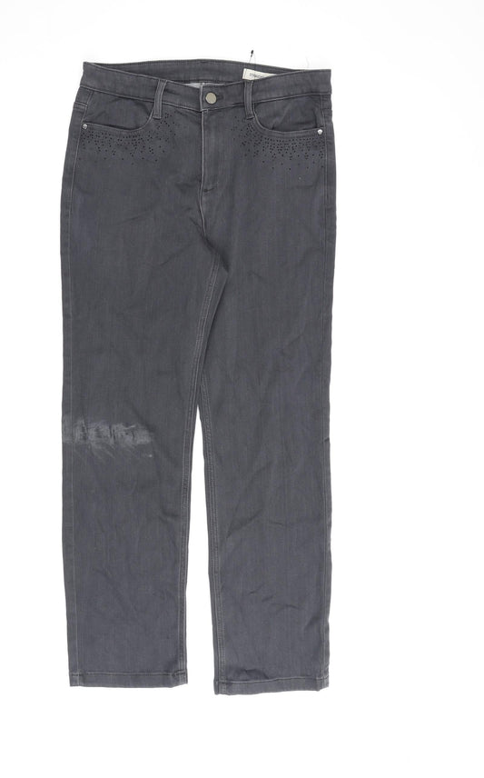 Marks and Spencer Womens Grey Cotton Straight Jeans Size 12 L28.5 in Regular Zip