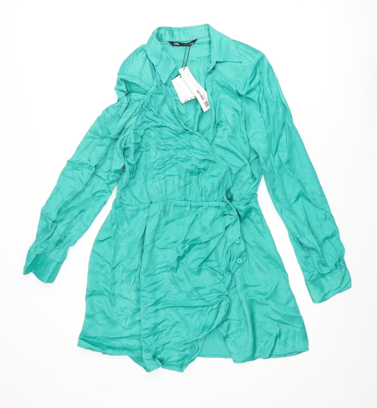 Zara Womens Green Viscose Wrap Dress Size L Collared Button