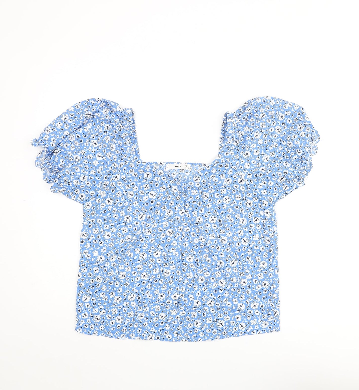 Mango Womens Blue Floral Polyester Basic Blouse Size S V-Neck
