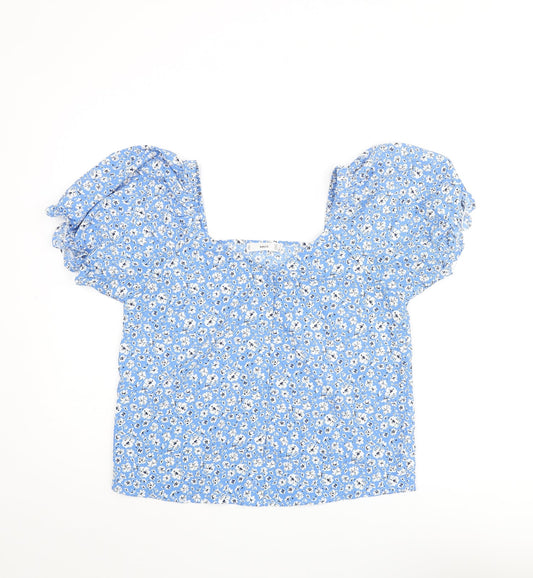 Mango Womens Blue Floral Polyester Basic Blouse Size S V-Neck