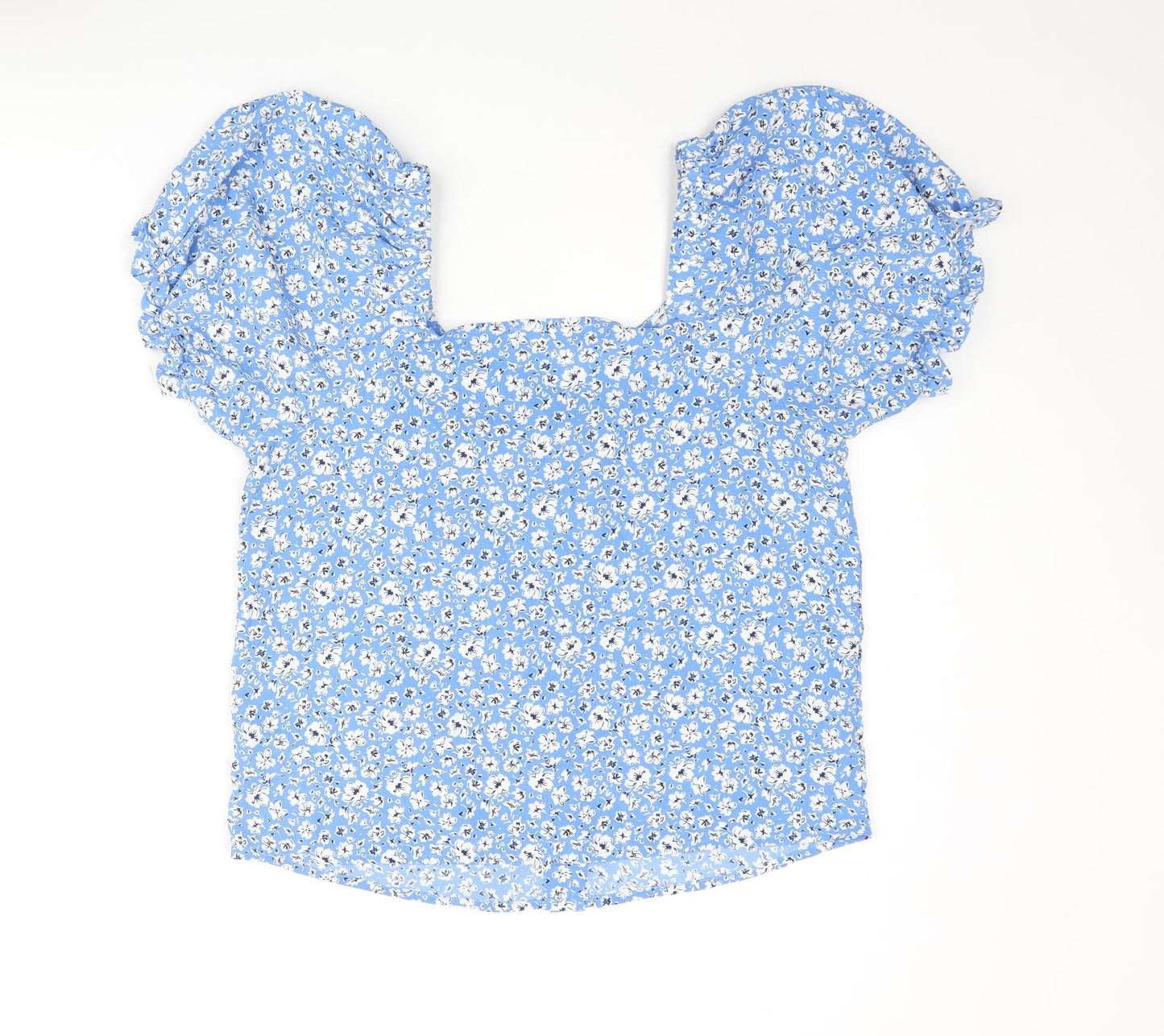 Mango Womens Blue Floral Polyester Basic Blouse Size S V-Neck