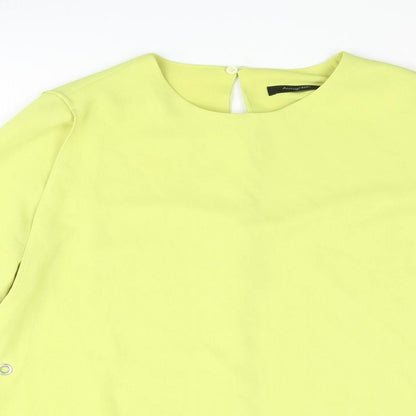 Close-up detail of Autograph women’s green polyester basic blouse, size UK 10, round neck - layered