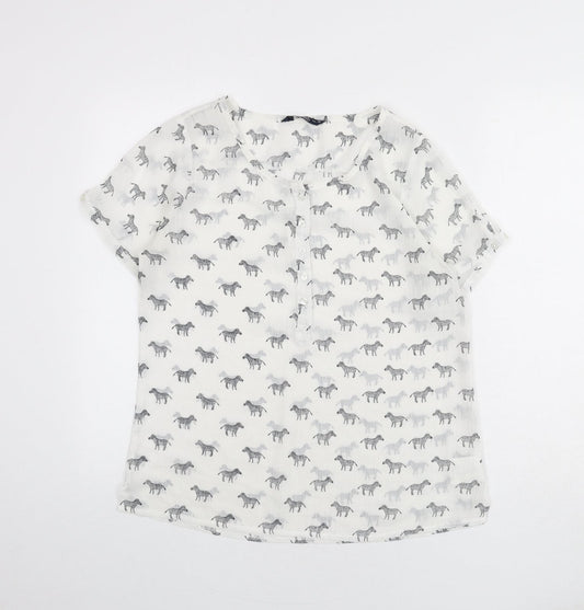 Multiblu Womens White Geometric Polyester Basic Blouse Size 10 Round Neck - Zebra