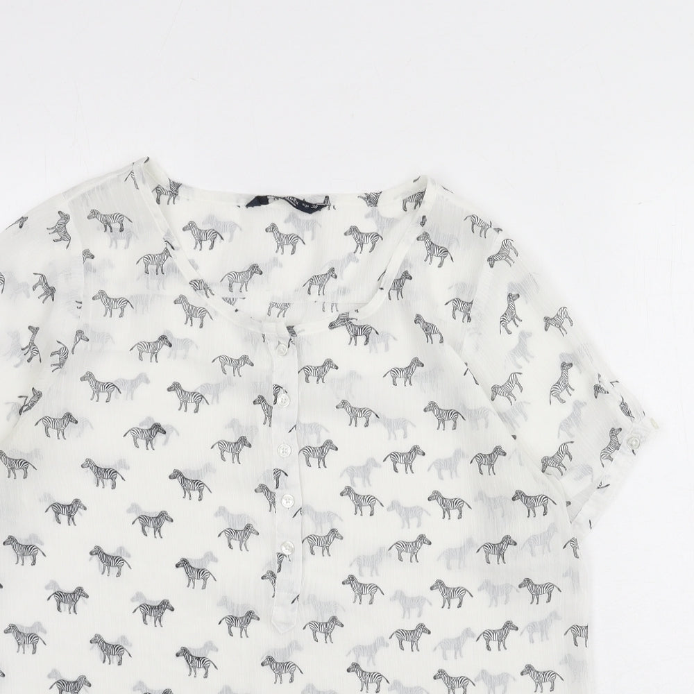 Multiblu Womens White Geometric Polyester Basic Blouse Size 10 Round Neck - Zebra