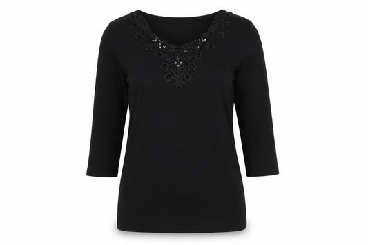 Anamor Womens Black Polyester Basic T-Shirt Size S Round Neck - Lace Detail, Sequins, Size S/M