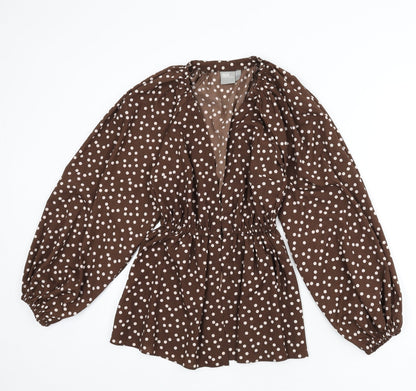 Additional front view of ASOS women’s brown polka dot polyester basic blouse, size UK 4, v-neck - balloon sleeves