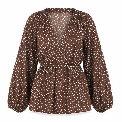 Front view of ASOS women’s brown polka dot polyester basic blouse, size UK 4, v-neck - balloon sleeves