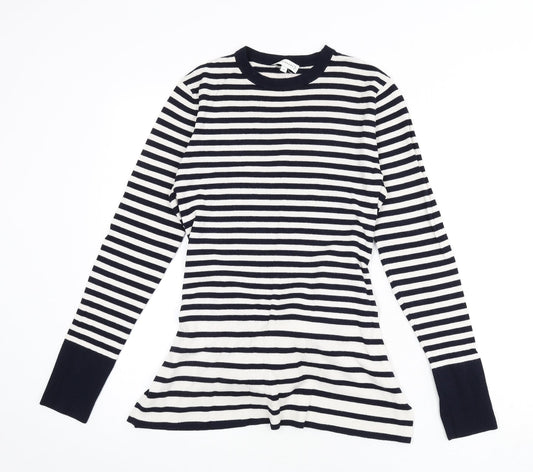 Warehouse Womens Blue Round Neck Striped Viscose Pullover Jumper Size 12 - Tie Detail