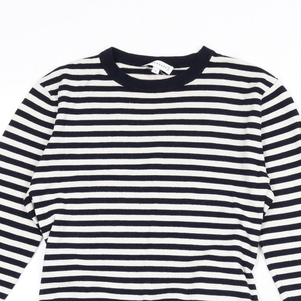 Warehouse Womens Blue Round Neck Striped Viscose Pullover Jumper Size 12 - Tie Detail