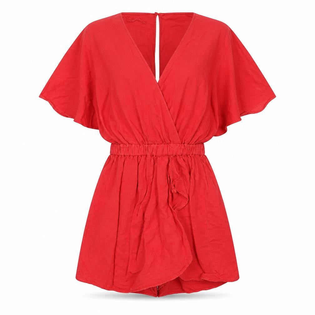 Zara Womens Red Linen Romper One-Piece Size S Button - Cut Out Back Detail, Elastic Waist