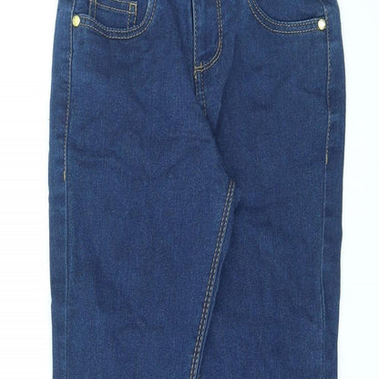 Close-up detail of Denim & Co. girls’ blue cotton skinny jeans, size 7-8, years, 21-inch leg regular zip