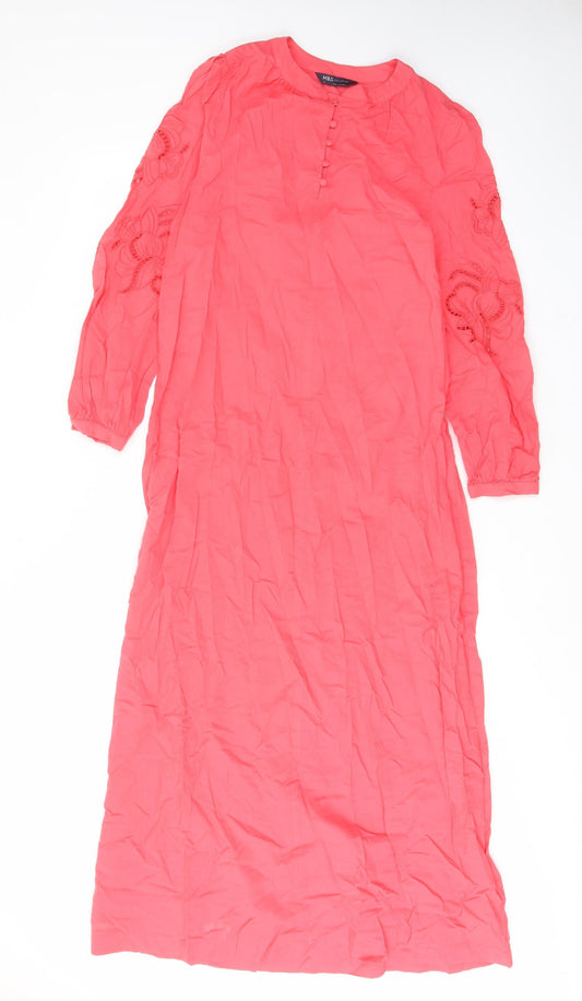 Marks and Spencer Womens Pink Cotton A-Line Size 6 Crew Neck Button - Embroided