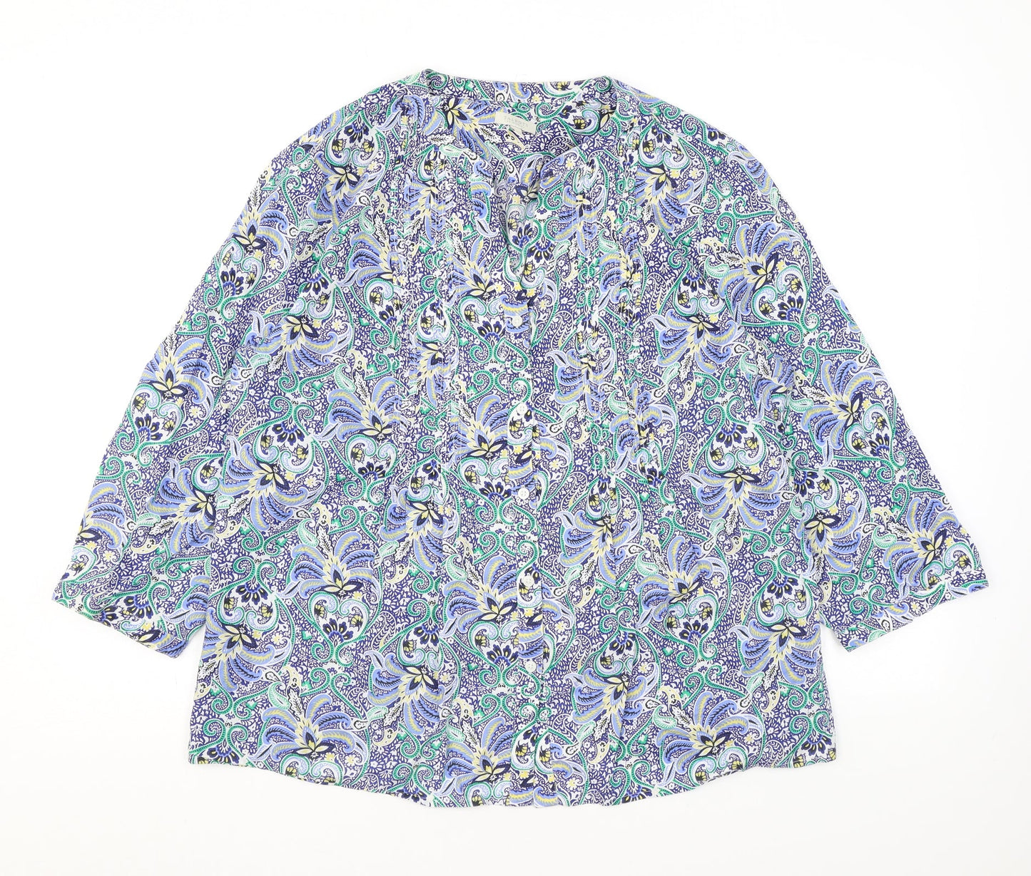 Talbots Womens Blue Floral Polyester Basic Button-Up Size L V-Neck