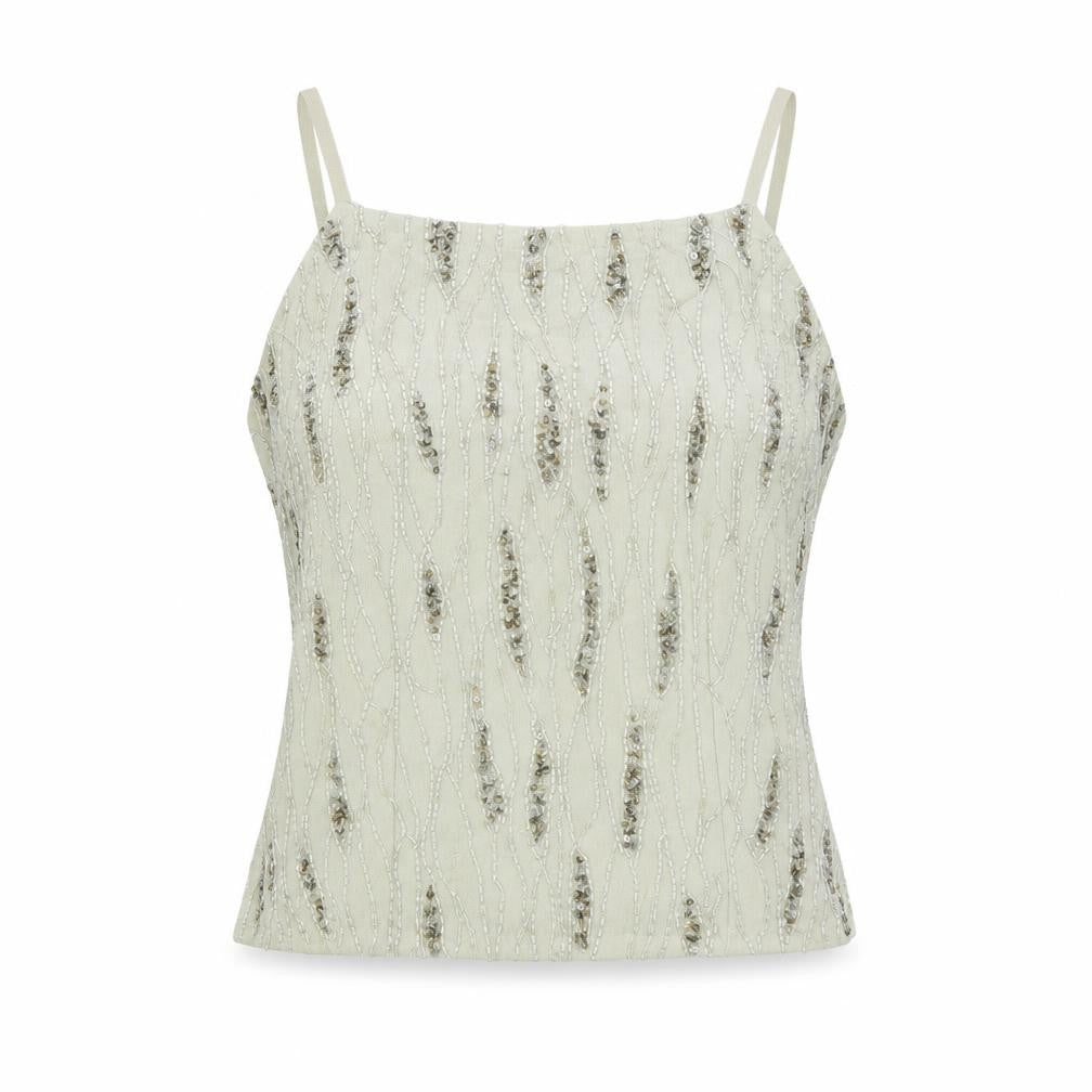 Raishma Womens Grey Geometric Polyester Basic Tank Size 8 Square Neck - Beading, Sequins